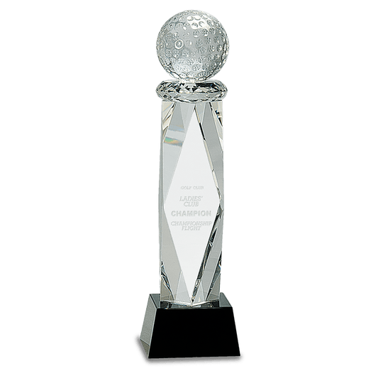 10 3/4" Clear Crystal Golf Ball on Facet Column w/Black Base