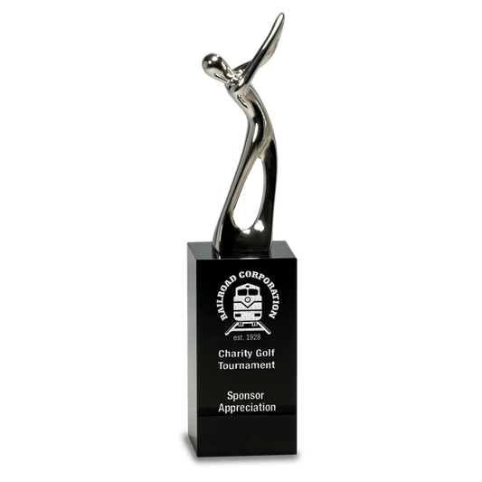 Silver Metal Golf Figure on Black Crystal Pedestal