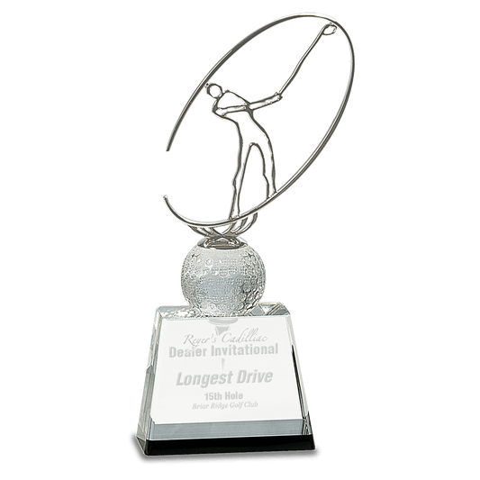 Clear/Black Crystal Golf Award with Silver Metal Oval Figure
