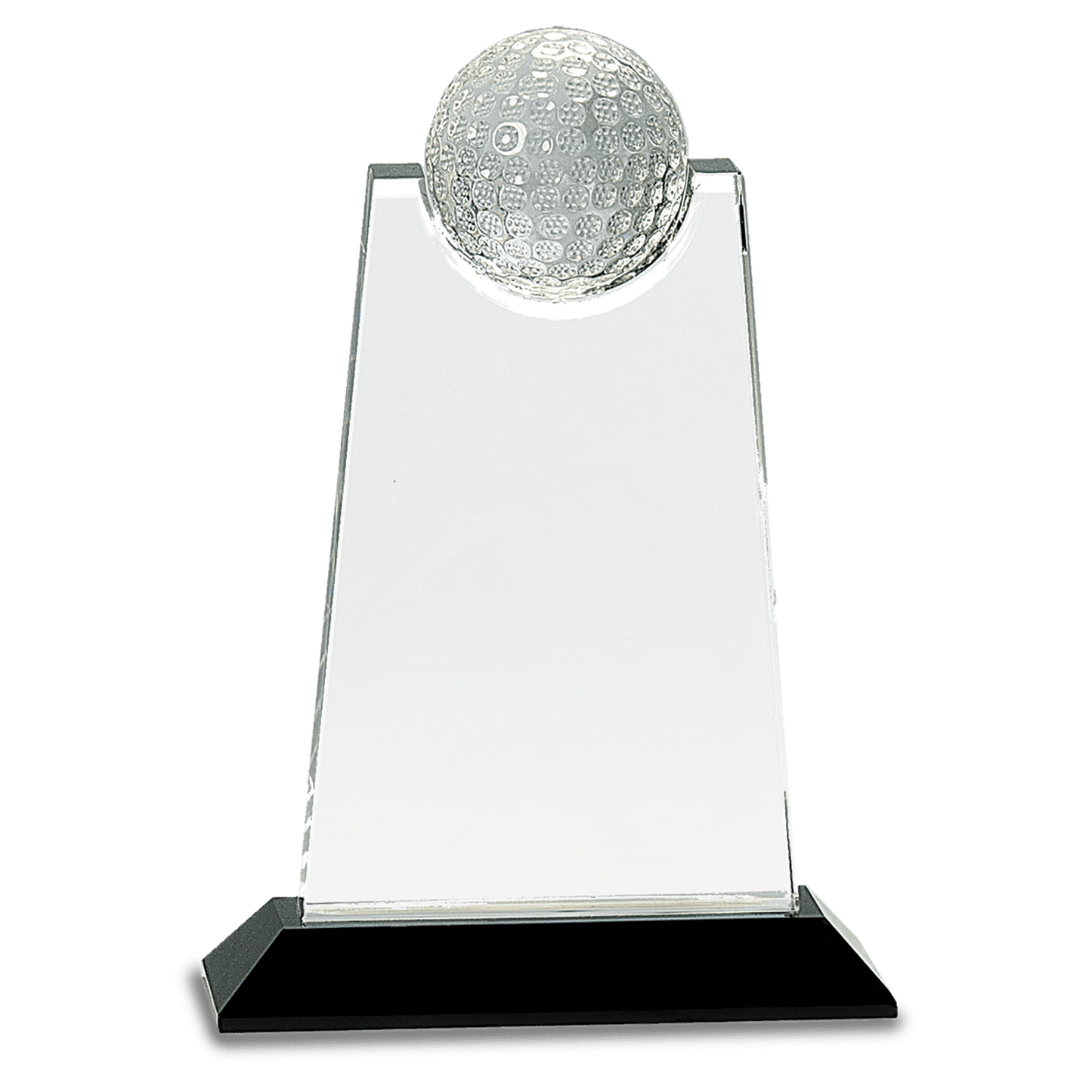 9" Clear Crystal Tablet with Inset Golf Ball on Black Pedestal Base